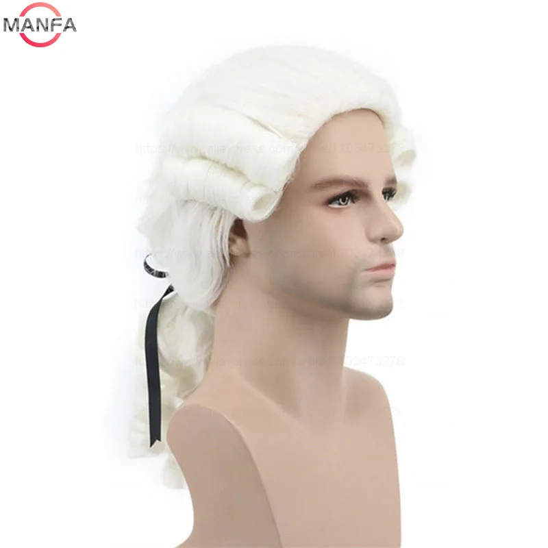 Lawyer Judge Baroque Cosplay Wig Curly Grey White Black Deluxe Historical Long Heat Resistant Synthetic Hair Wigs + Wig Cap