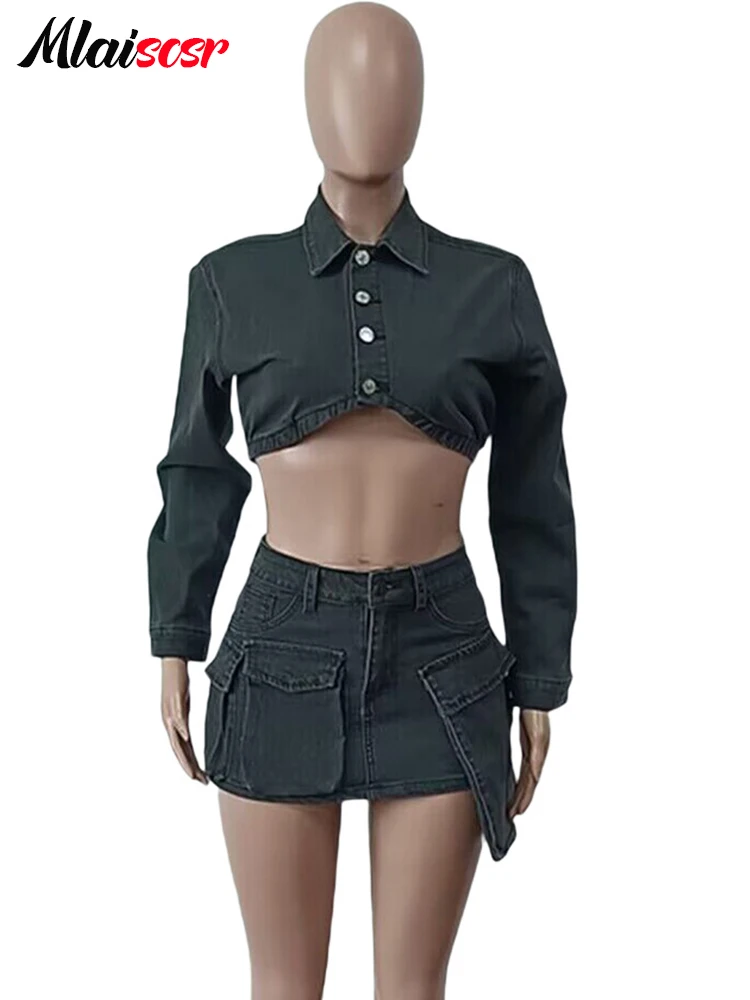 Maiscsr-Conjunto de dos piezas para mujer, traje Sexy de mezclilla negra elástica, chaquetas de manga larga, Tops cortos y minifaldas, Jean de cumpleaños