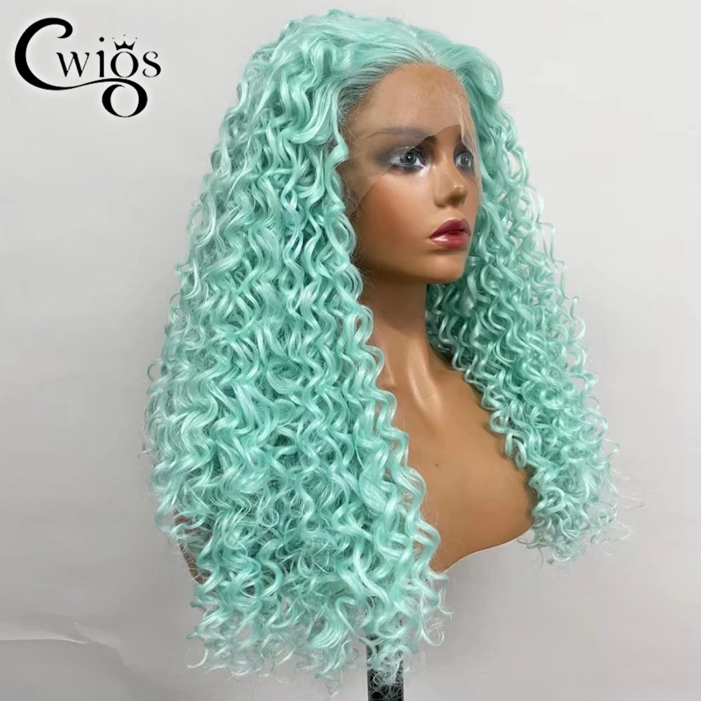 Green Color Synthetic 13x4 Lace Front Wig Long Curly Heat Resistant Natural Hairline for Black Women Drag Queen Cosplay