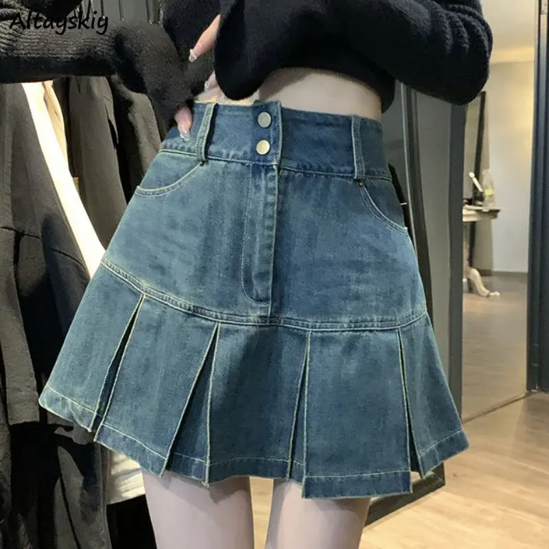 Saias jeans plissadas vintage, azul, estilo preppy, moda coreana, casual, streetwear simples, tudo o que combina, chique, hotsweet, mini