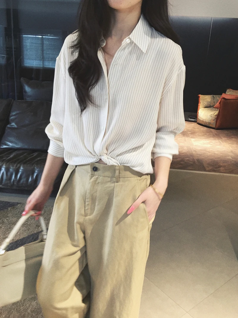 

Cuijia Silk Shirt 16 Momme Warping Simple Vertical Stripes Casual Style Long Sleeve Women's Comfortable Breathable