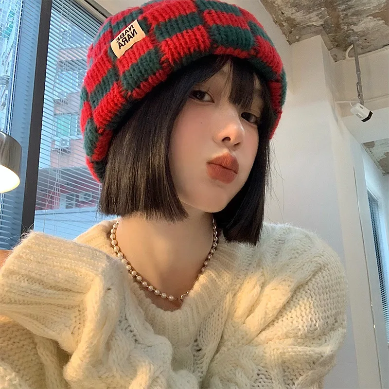 Chessboard Plaid Knitted Beanies for Women Korean Version Trendy Brand Acrylic Fiber Label Hat Winter Wool Keep Warm Caps