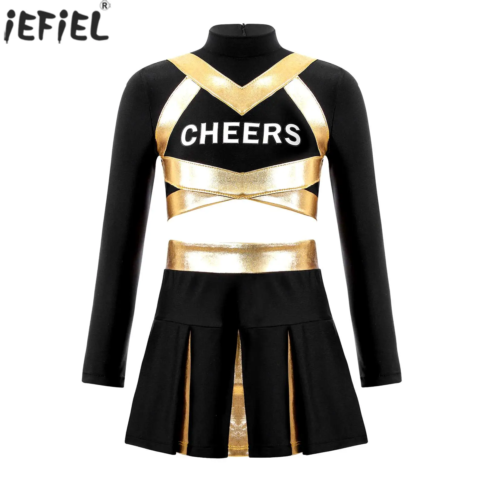 

Kids Girls Cheerleading Uniform Cheerleader Dance Gymnastics Performance Costume Long Sleeve Letter Print Crop Top Pleated Skirt