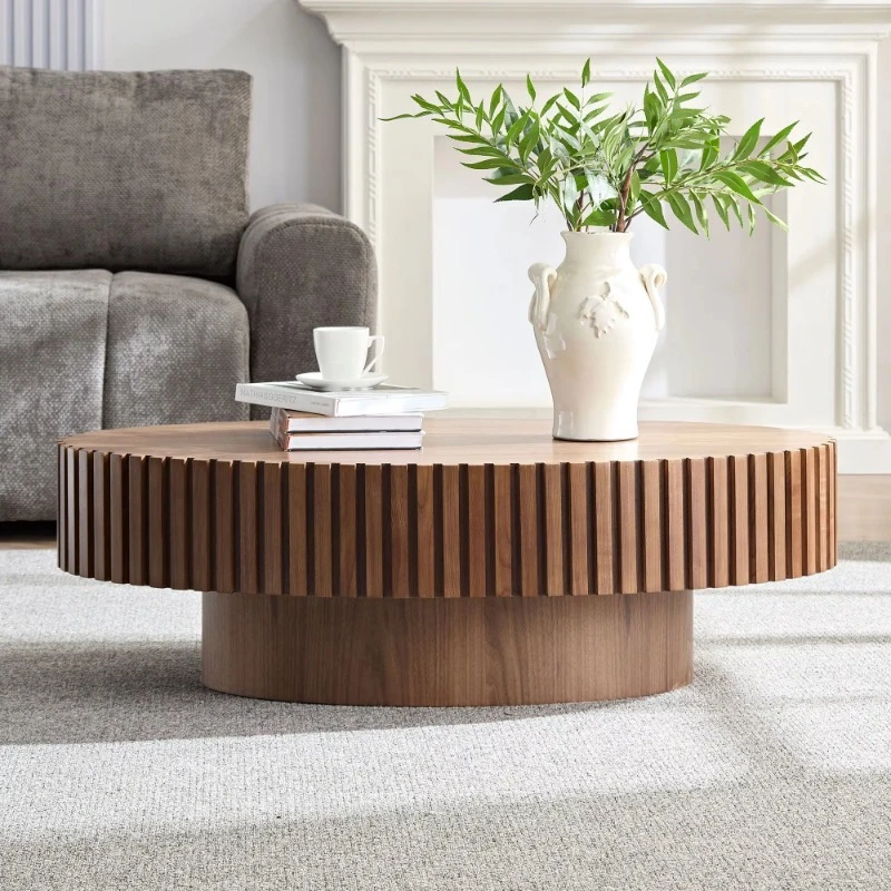 Modern Drum Coffee Table Walnut Oval Living Room Furniture