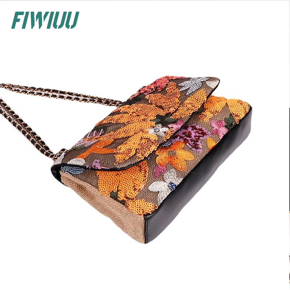 FIWIUU Women\'s Original Flap Bag Crossbody Sequin Chain Bag Floral Handbag Handwoven Embroider Shoulder Bag