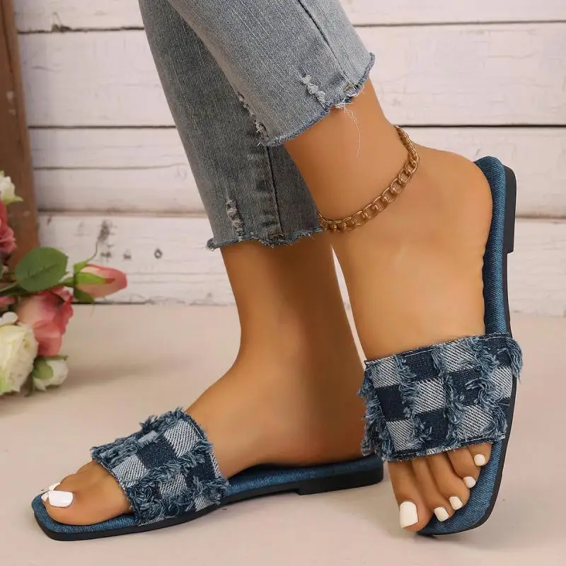 Blaue Denim-Karo-Sandalen mit flachem Absatz für Damen, Sommer, Übergröße 36-43, Sandalen mit quadratischer Zehenpartie, Streetwear, weiche Sohle, Slipper – Detail 4