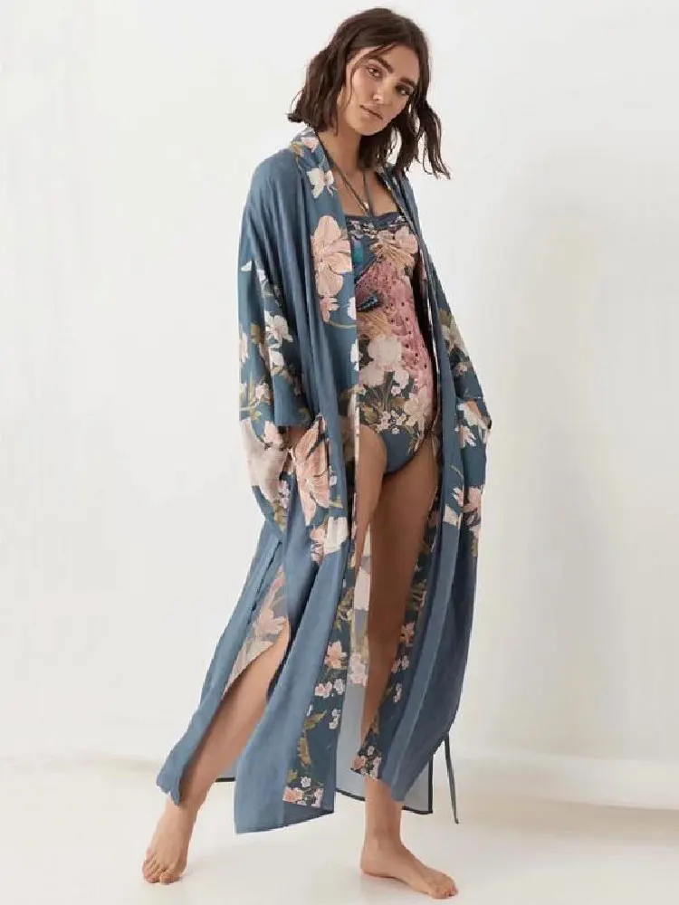 2023 Kaftan Bohemian Printed Summer Dress Long Kimono Tunic Women Plus Size Beach Wear Swim Suit Cover Up Robe de plage A140