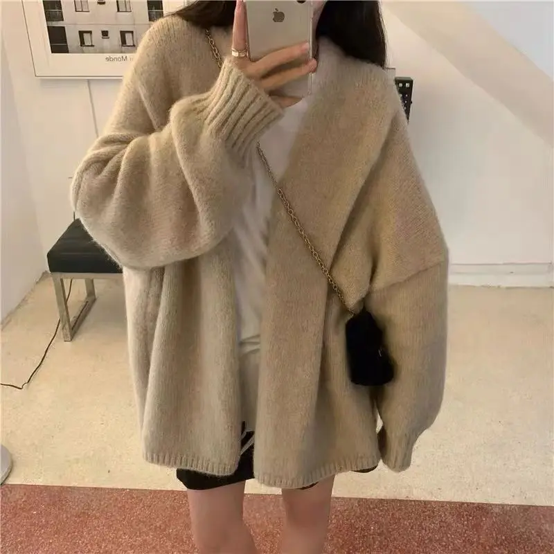 Women Sweaters Autumn Trendy Loose Casual Korean Style Cozy Long Sleeve Basic Simple All-match Pure Color Streetwear Cardigan