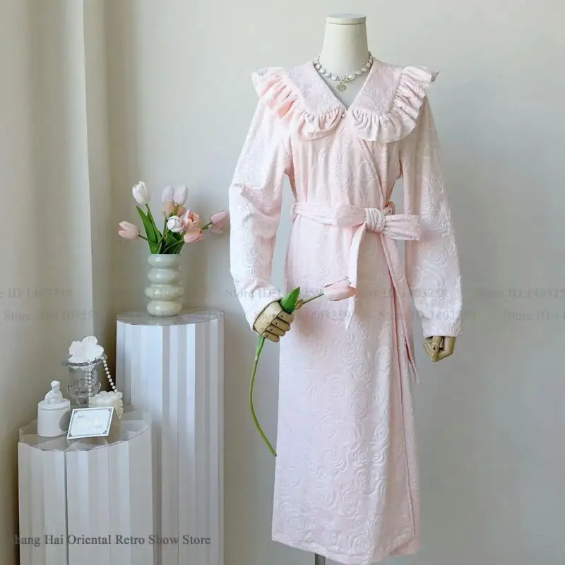 

Sweet Doll Collar Long Robe Autumn Winter Women's Island Velvet Nightgown Kimono Gown Bathrobe Home Dress Warm Fleece Loungewear