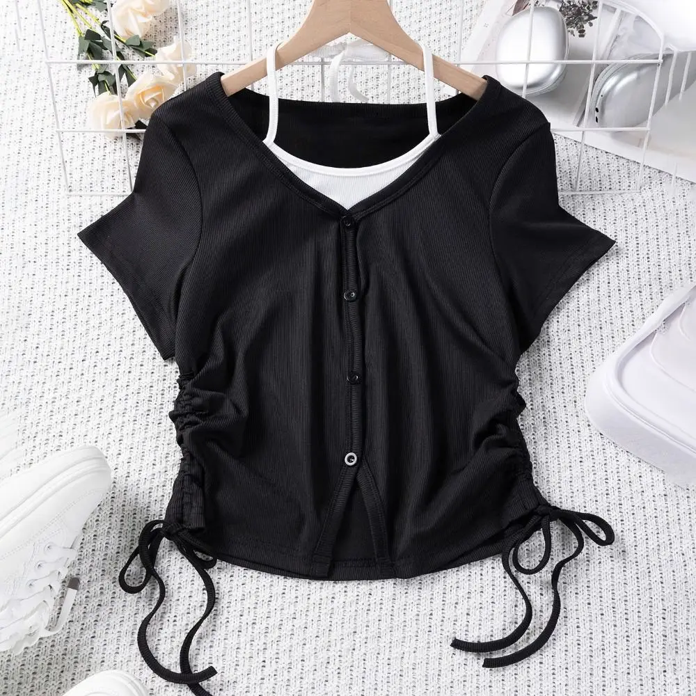 

Мягкий корейский искусственный топ из двух частей с короткими рукавами, эстетические легкие жилеты, уличная одежда, укороченный топ на тонких бретельках для женщин