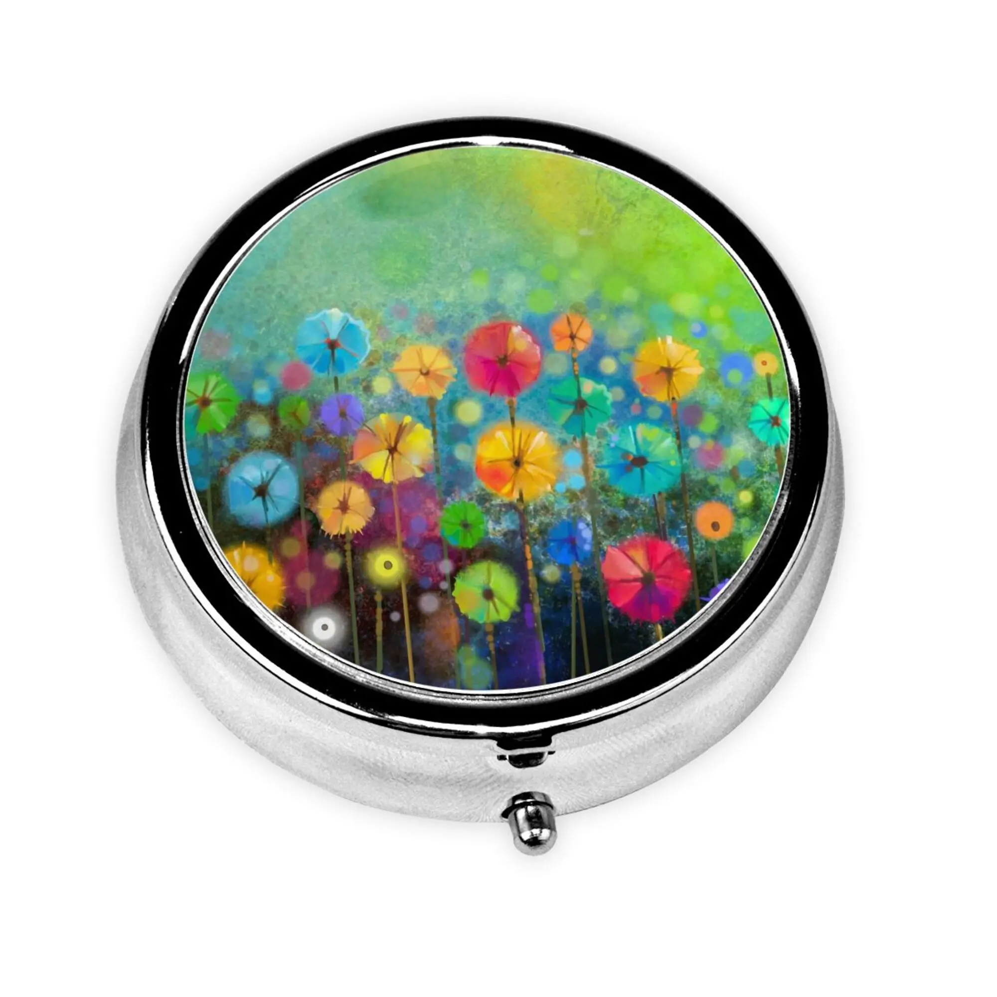 Abstract Floral Watercolor Painting Pill Box Round Pill case Three-Compartment Metal Medicine Vitamin Pill Organizer Portable