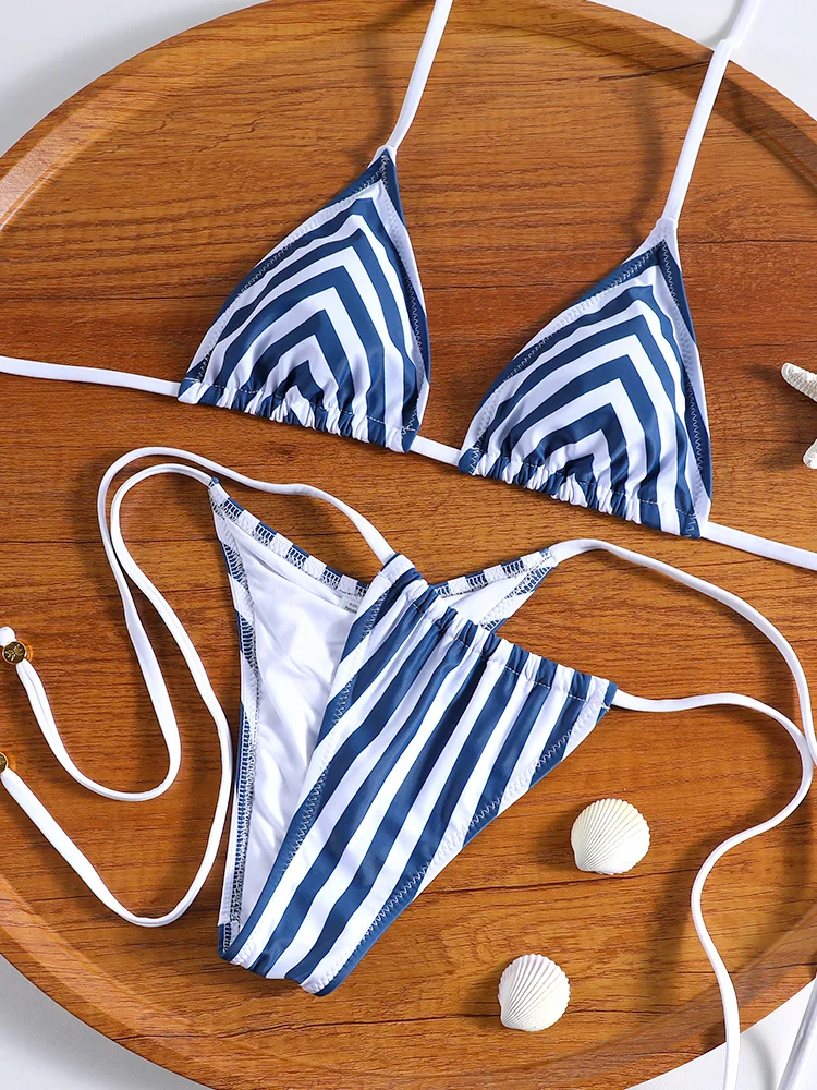 ZRTAK جديد وصول مثلث مخطط بيكيني النساء ملابس السباحة مايكرو طباعة المايوه البرازيلي Biquini مثير ملابس الشاطئ #1