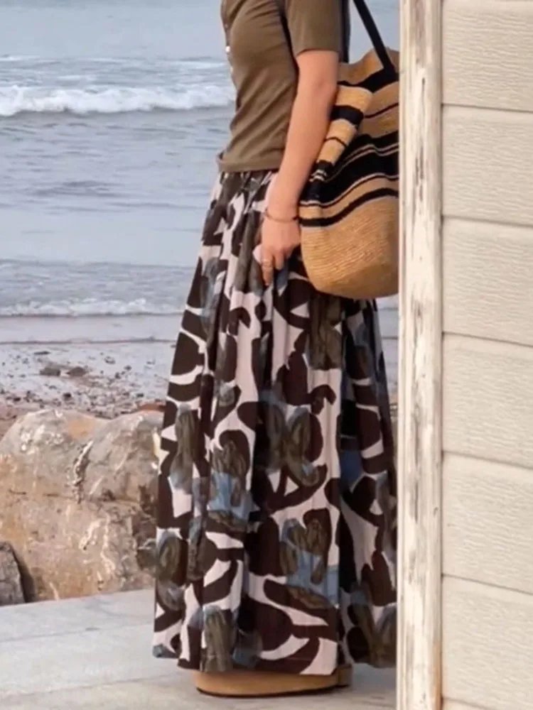 

Американская летняя женская юбка с принтом, свободного кроя, на резинке, повседневная, новинка, стройнящая, модная