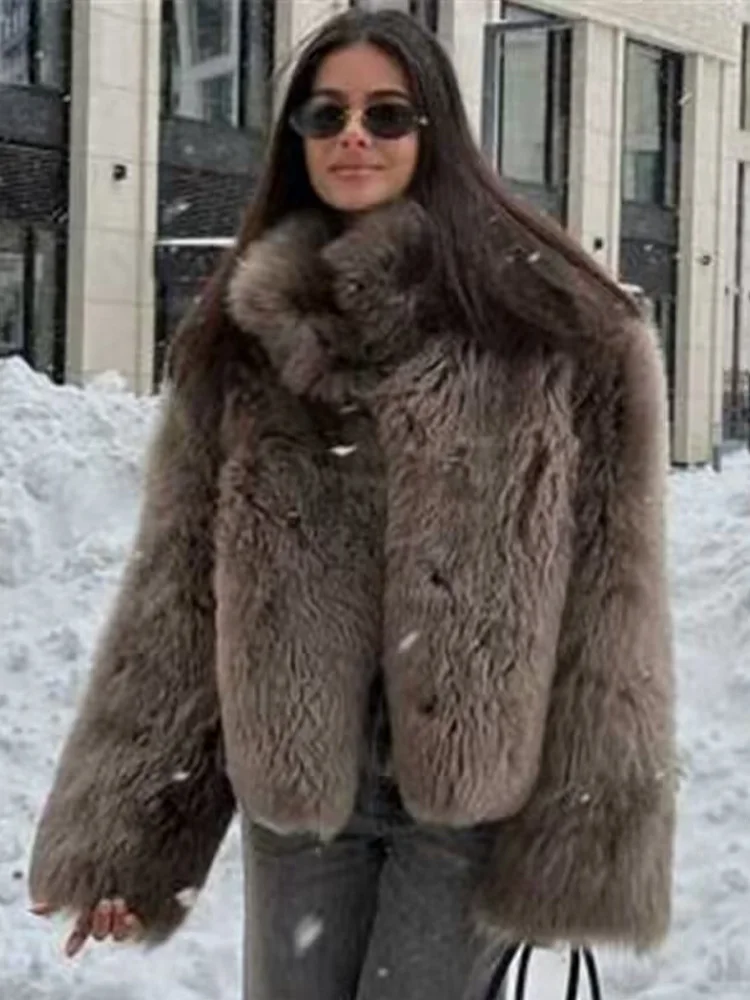 Elegancka, ciepła kurtka damska z długim rękawem, imitacja futra, zapinana na jeden guzik, stójka, krótki płaszczyk w stylu high street.