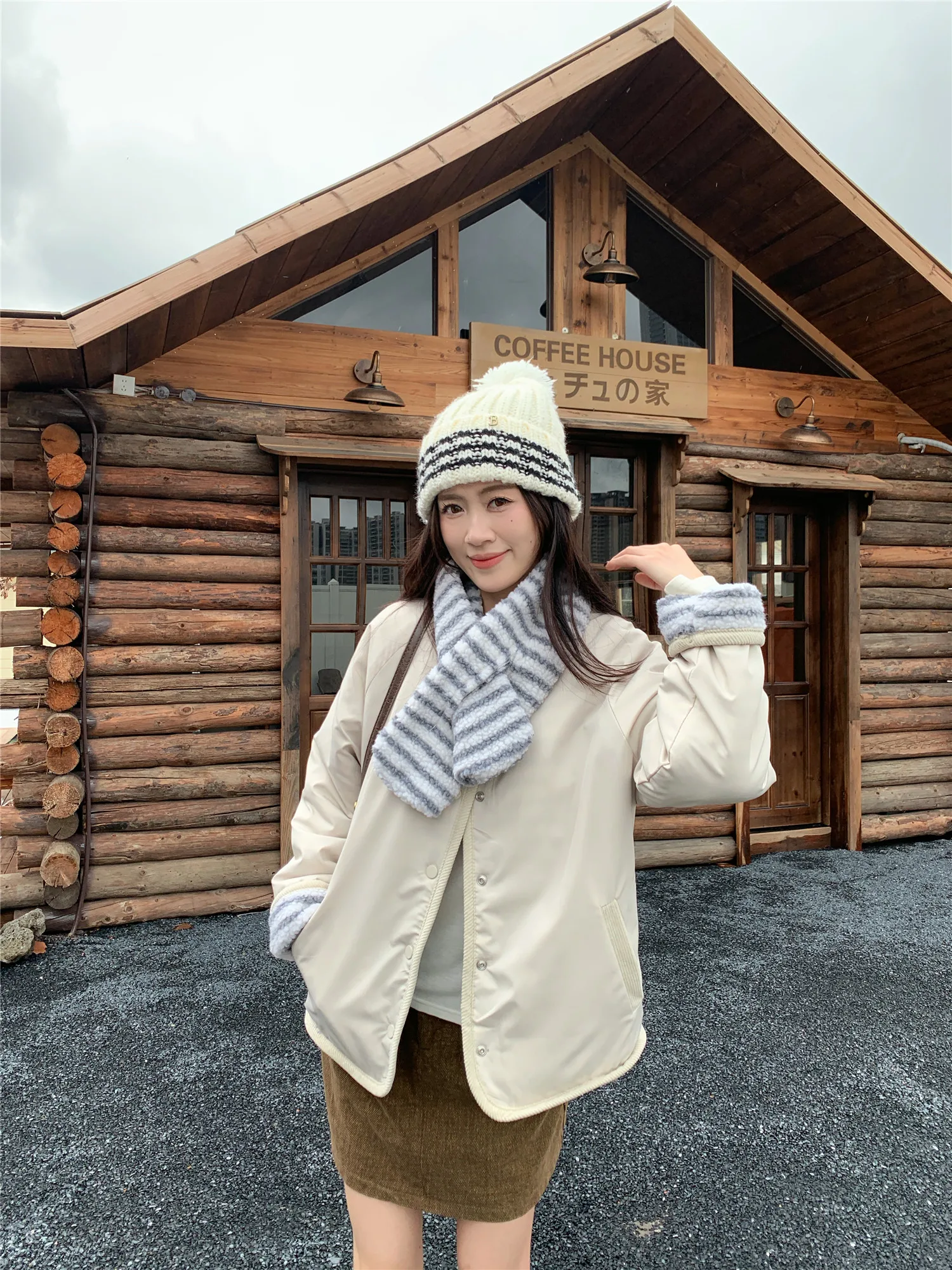 Korean Sweet Two Side Wear Padded Jacket Women Fleece Lined Thick Warm Parkas Woman Lazy Style Stripe Scarf Winter Jackets