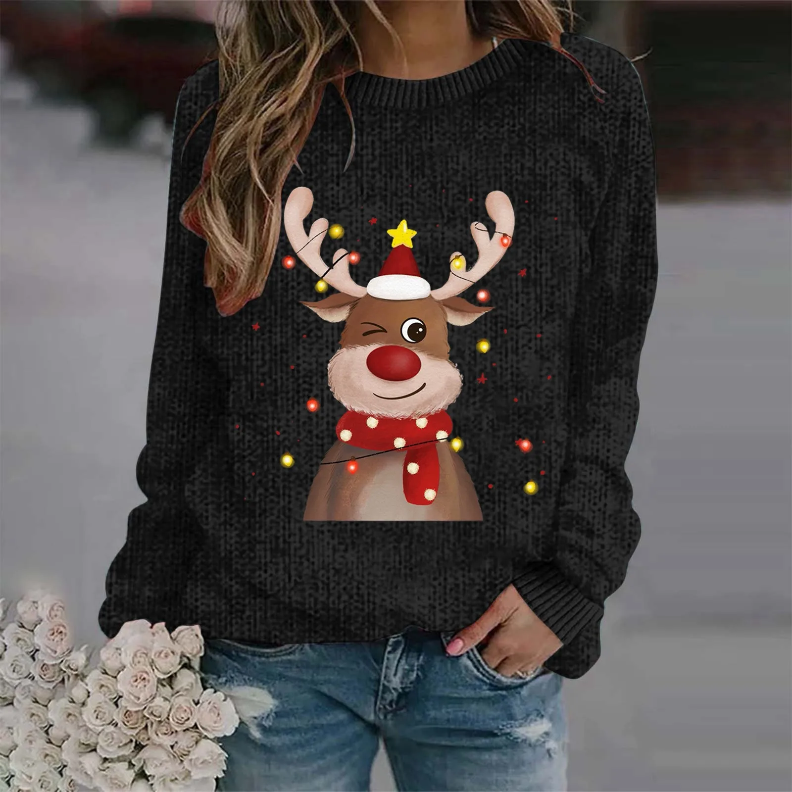 Ladies' Christmas Cartoon Reindeer Head Printed Casual Sweater Autumn Winter Round Neck Shoulder Down Long Sleeve Pullover