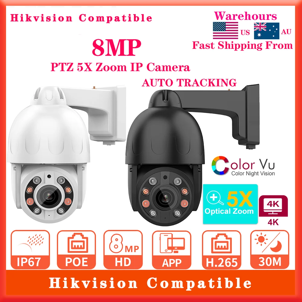 Hikvision Compatible 4K 8MP POE Dual Light PTZ IP Camera 5X Zoom 2-way Audio 512GB SD Card Human Vehicle Detect Dome IP Camera