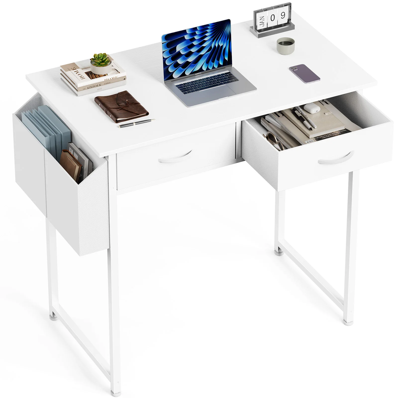 

Computer Desk Small Home Office Bedroom Writing Study PC Table with Storage Space Fabric Side Bag Headphone Hook Metal Frame Adjustable