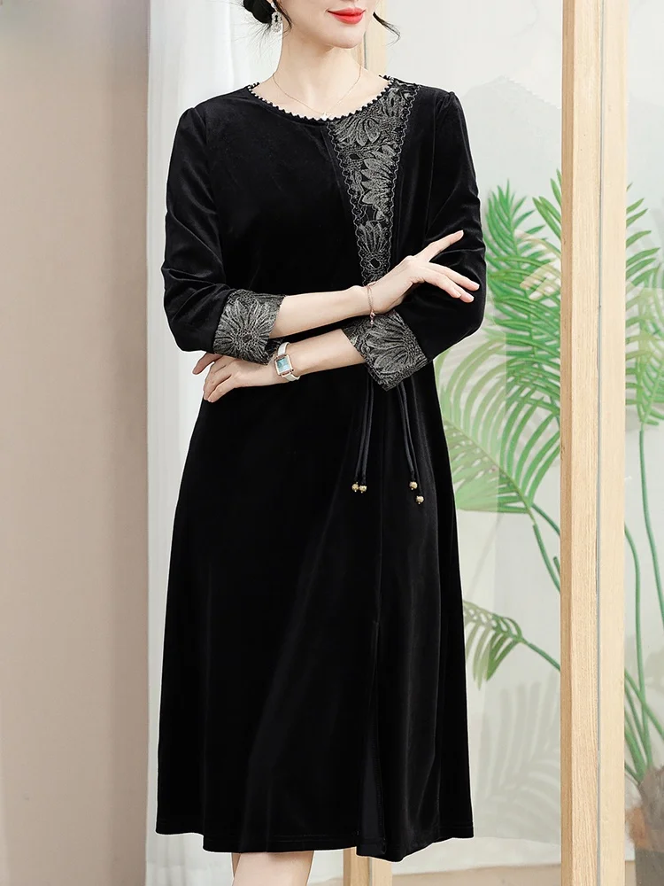 

Ele Velvet Spring Dr for Middle-Aged Mothers New Chinese Sle High-Quali Women's Faion Loose Fit round Ne Long ...