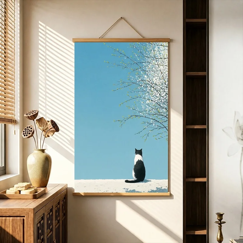 Wall Decorations Quiet Figures beneath Gentle Trees, Calm Serene Vibe Pearlescent Canvas Wall Hanging Scroll for Therapy Office