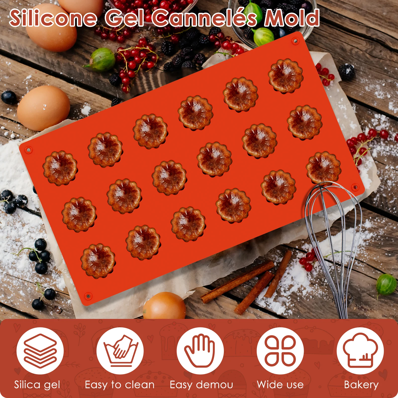 2Pcs Cannelé Mold 18 Cavity Non Stick Mini Silicone Canelé Fluted Mould for Oven Air Fryer Microwave Easy Demold Diameter