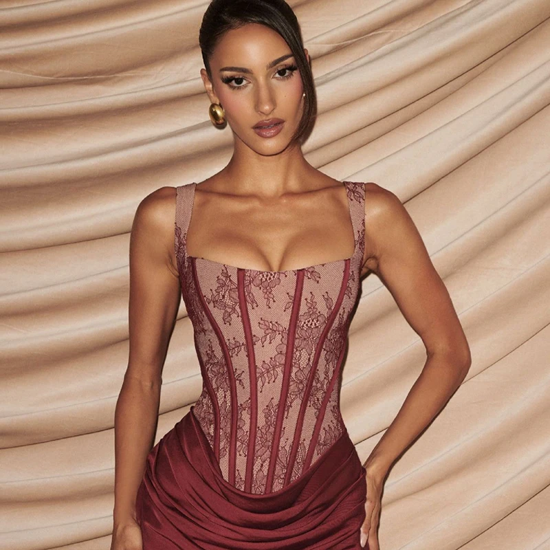 Typhaland Abito Mini da Donna in Pizzo con Spalline e Stampa a Lisca di Pesce, Senza Maniche, Sexy, con Scollo Profondo e Arricciature, Vestito Slim a Vita Alta, Nuovo Abito da Festa Estivo 2026