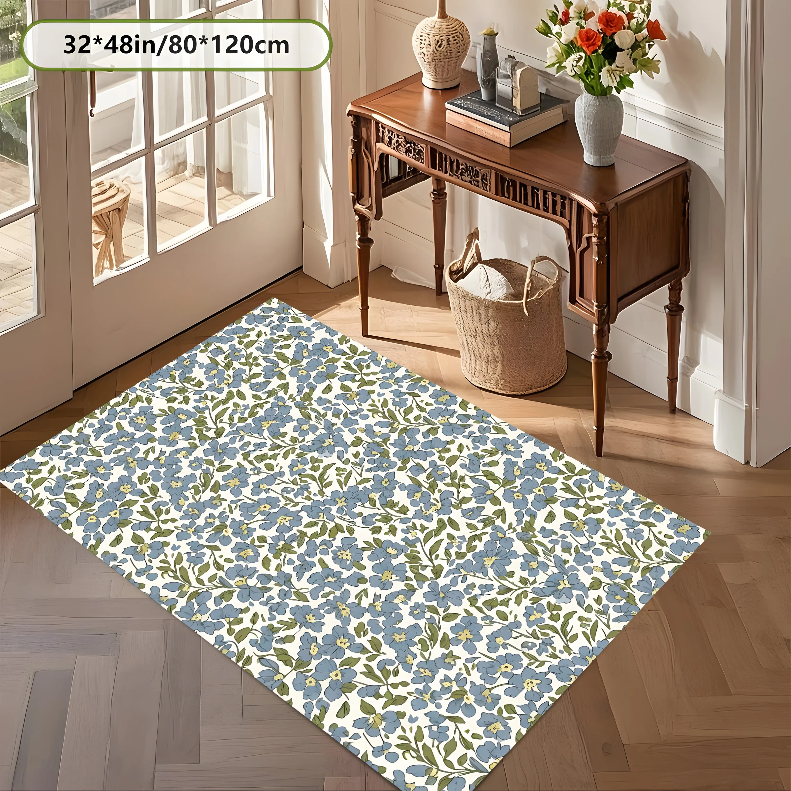 2D Carpet with Light Blue Small Floral Pattern Throughout in a Gentle French Style for Living Room, Bedroom, and Leisure Area