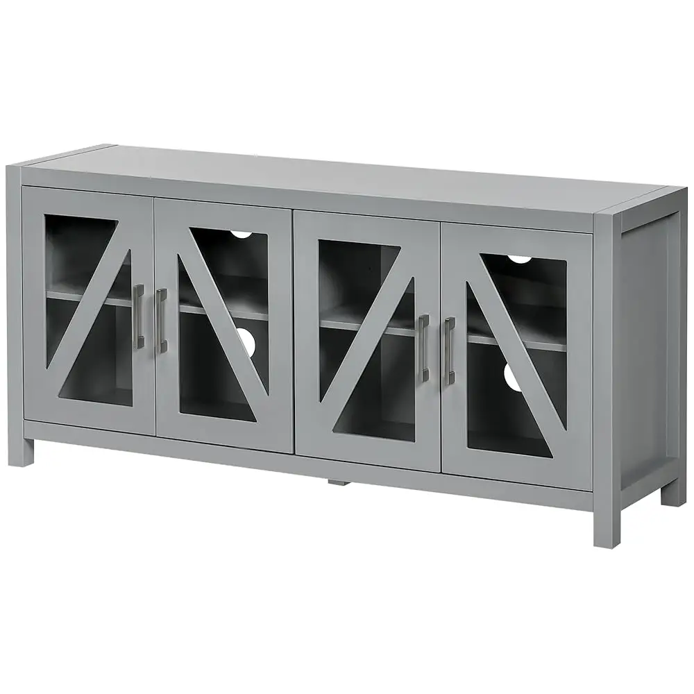 

Tv Cabinet Stand For Tvs Up To 58"", Entertainment Center With Adjustable Shelves, 4 Glass Doors And 4 Cable Holes For Living