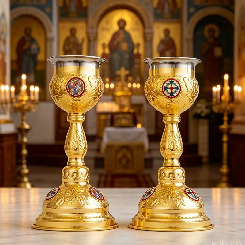 New Gold Plated Orthodox Chalice Set with Enamel Icon Accents Communion Kit for Church Altar Priest Liturgical Religious Service