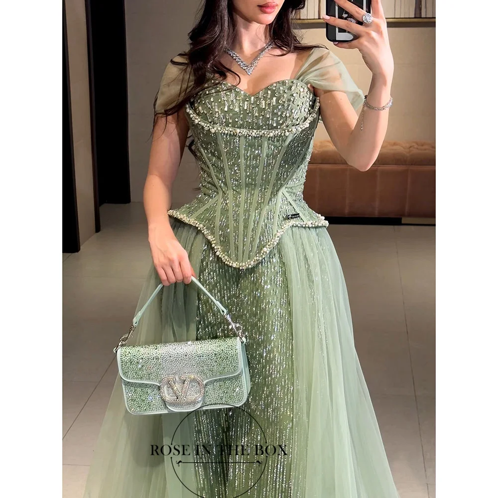 ROSEINTHEBOX Customized Green Lace Evening Dresses Tulle Off Shoulder A-line Crystal Embellished Formal Prom Dress for Women