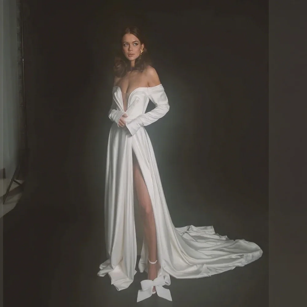 

Customized Off Shoulder Long Sleeves Satin A-Line Wedding Dress Lace-up Back Floor Length High Slit Sweep Train Gown For Bride
