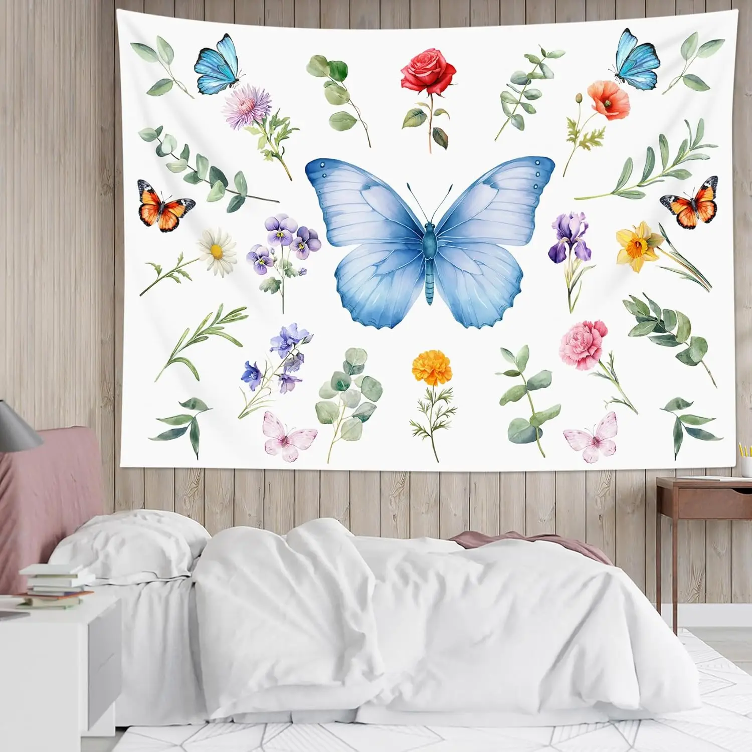 Butterfly Plant Tapestry for Bedroom, Girly Floral Blue Wall Tapestry, Leaf and Flower Botanical Tapestries Wall Hanging for