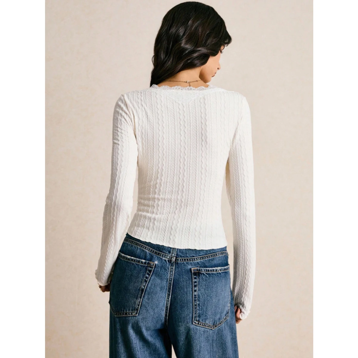 Cropped for v Neck Knit For Top for Women Made of Polyester with Lace Trim Solid Design Waist Definition and Regular Length
