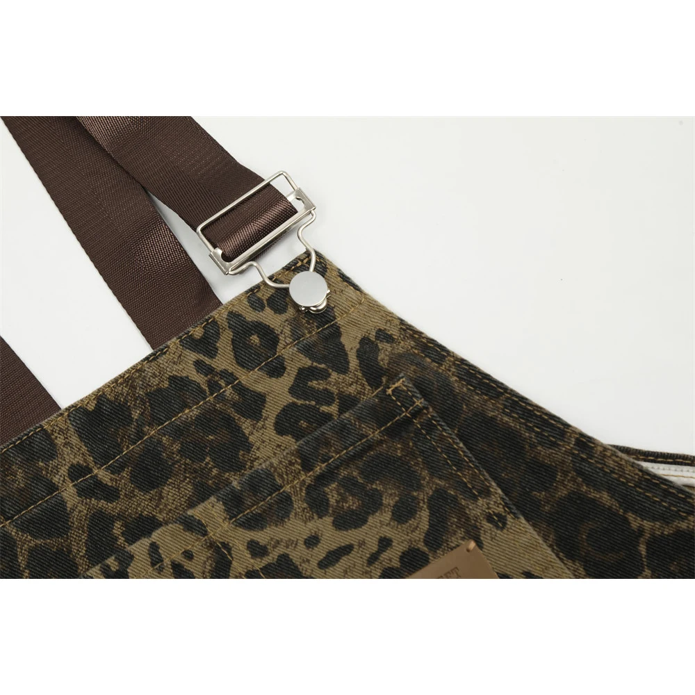 American Vintage Street Leopard Print Overalls Men\'s Design Loose Straight Denim Jumpsuit Trousers