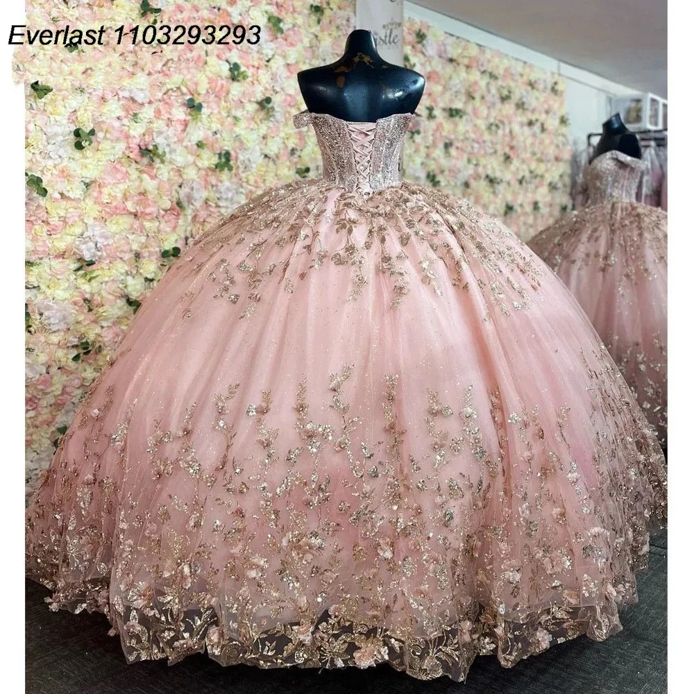 EVLAST Glitter Pink Quinceanera Dress Ball Gown Gold Lace Applique Beading Tiered Corset Sweet 16 Vestido 15 De Años TQD259