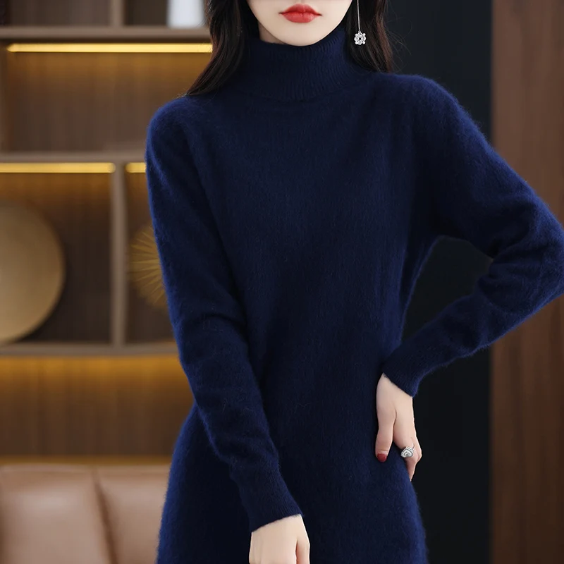 Women\'s High Neck Long Sleeve Solid Color Mink Cashmere Korean Loose Luxury Soft Mink Cashmere Knitted Dress Winter Warm