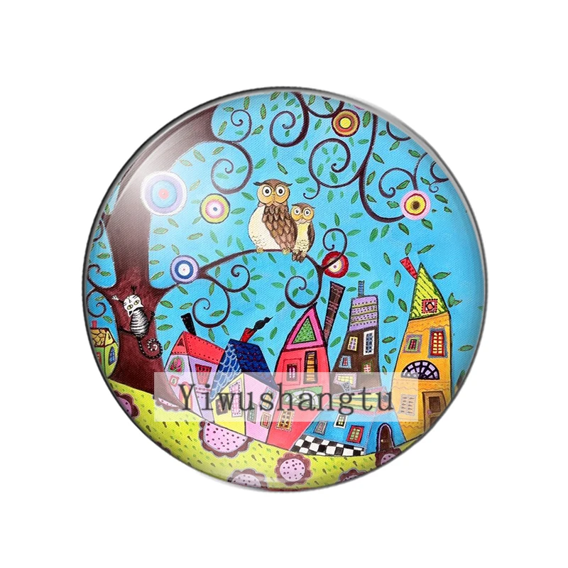 Colorful landscape country Tree House Oil Paintings 8mm/12mm/20mm/25mm Round photo glass cabochon demo flat back Making findings