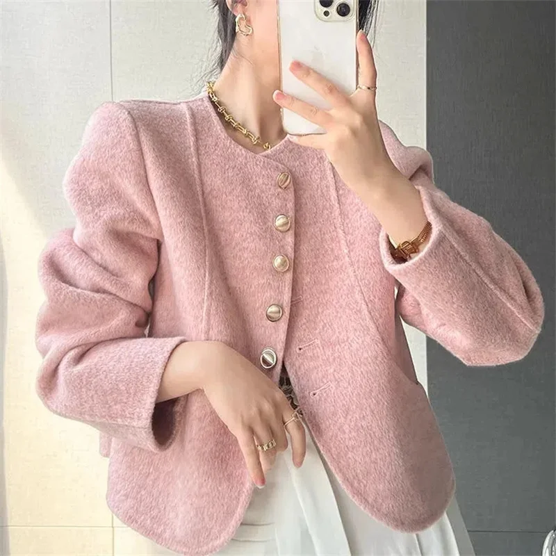 

Single Row buckle Women Short Woolen Cloth Tops Round Neck Female Double-sided Woolen Fabric Coat Ladies Xiaoxiangfeng Overcoat