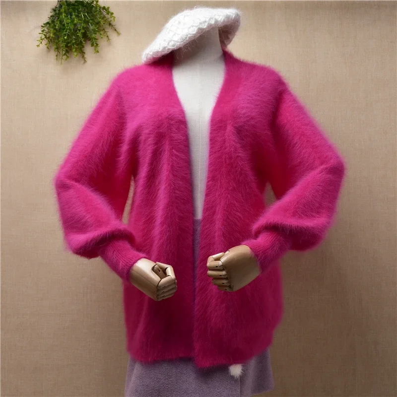 pull rose female women Fall Winter mink cashmere knitted long lantern sleeves loose cardigans angora fur jacket coat sweater top