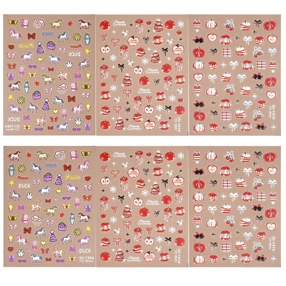 

6pcs Cute Cartoon Pony Christmas Apple Nail Stickers 5D Embossed Sweet Kawaii Style Decals Women DIY Manicure Decor with Tweezer