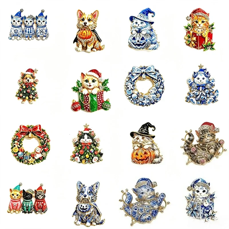 Vintage Strass-Emaille-Brosche für Weihnachten und Halloween, Katzen- und Hundekranz-Anstecknadel, Modischer Tierschmuck – Detail 1