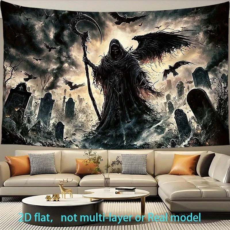 1pc Grim Reaper Dark Clouds Tapestry - Eerie Gothic Wall Hanging with Bats, Skulls, and Cemetery Scene, Versatile Room Decoratio