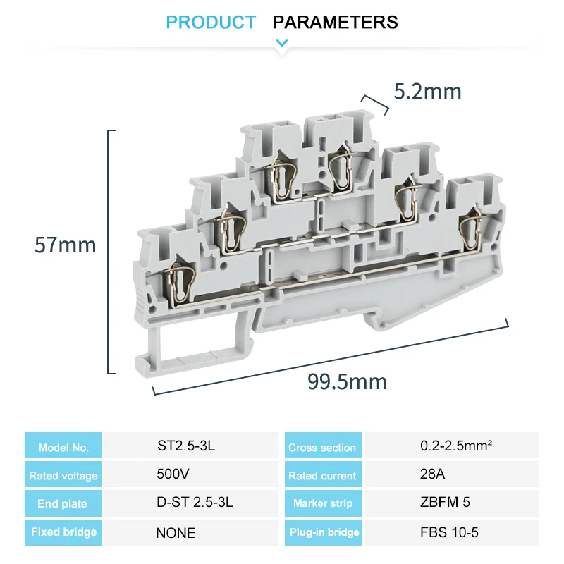 10Pcs ST2.5-3L Three Level Spring Cage Din Rail Connector 6 Connections 2.5 mm² 28 - 14 AWG Electrical Terminal Block ST 2.5-3L