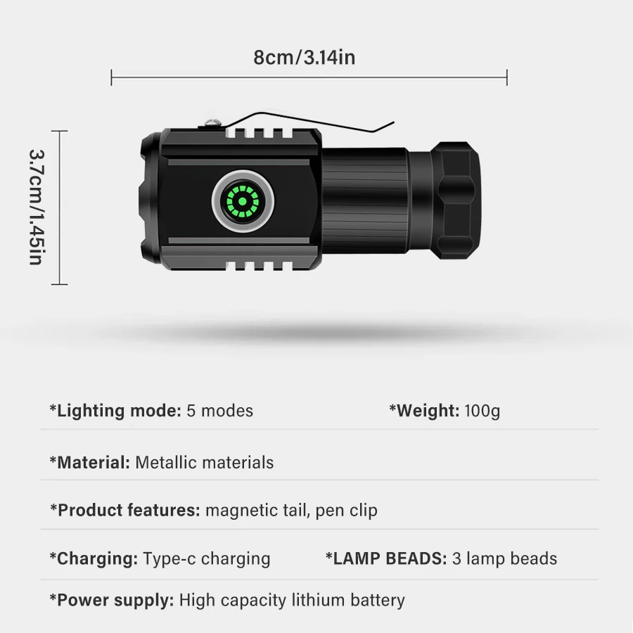 High Power 3 LED Mini LED Flashlight 2000LM SST20 Portable EDC Torch TYPE-C Rechargeable IPX6 Camping Lantern with Tail Magnet