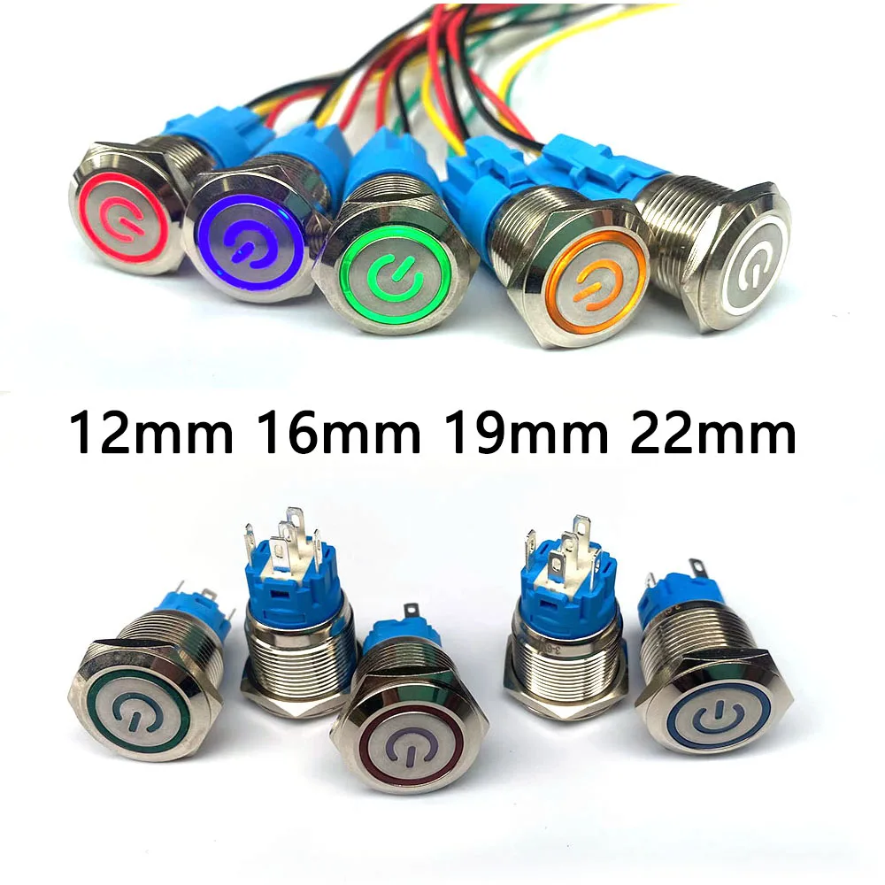 12/16/19/22mm wodoodporny metalowy przełącznik wciskany LED Light chwilowy zatrzaskowy wyłącznik zasilania silnika samochodu 5V 12V 24V 220V czerwony niebieski