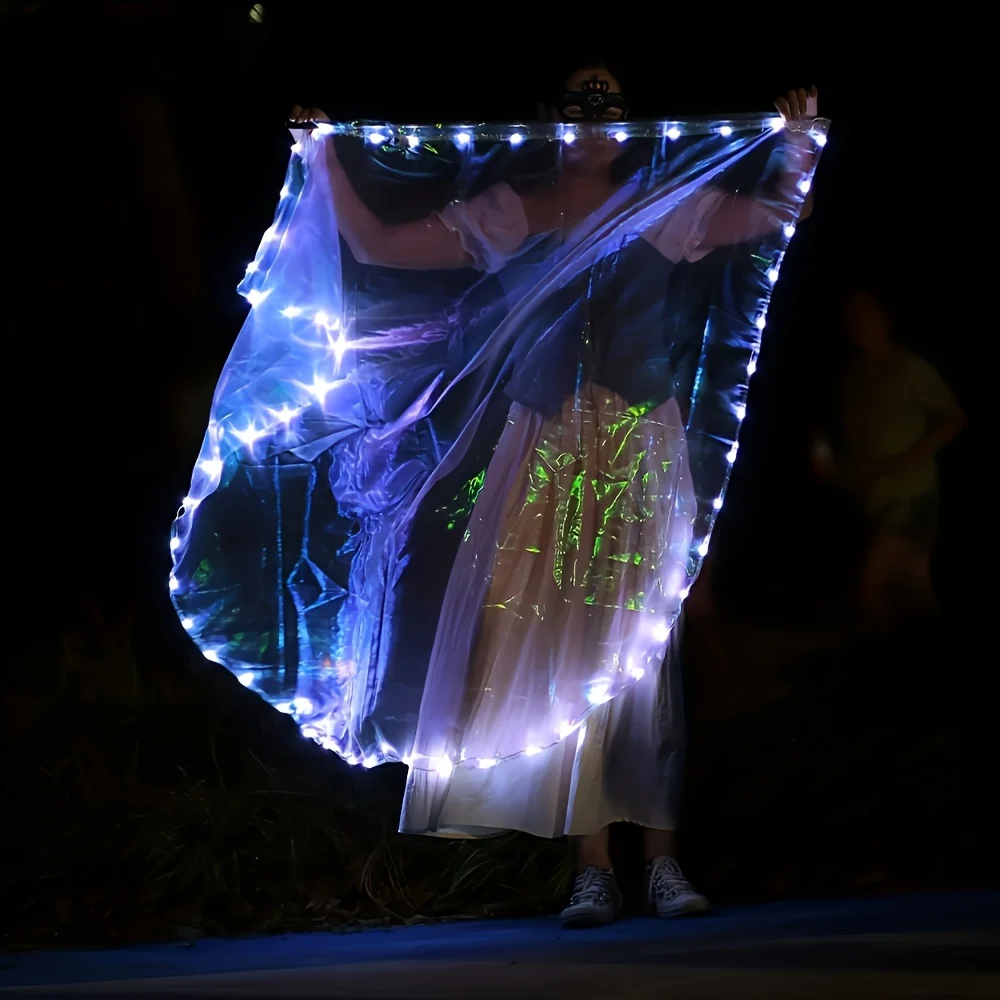 مراوح الرقص الشرقي المضيئة بإضاءة LED مكونة من قطعتين - أعلام متوهجة من القماش الأبيض مع مفتاح، دعائم خيالية للمراقصين والأداء والأزياء التنكرية