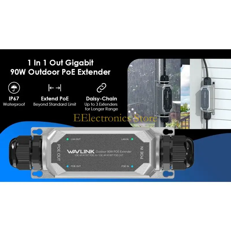B03C WN901G1 Gigabit Power and Data Extension Device with Up to 90 W Input and Output, Connection Indicators, Wall-Mount Holes