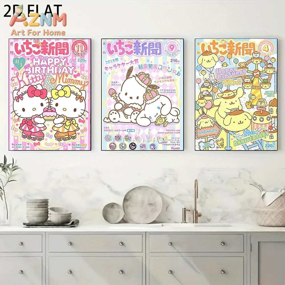 AZNM Sanrio Hello Kitty Pompompurin Canvas Wall Art Unframed Cute Cartoon Magazine Cover Birthday Theme Print Painting Bedroom H