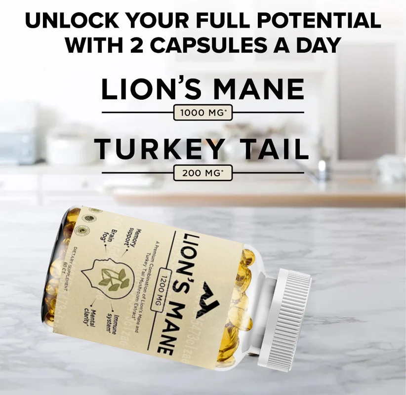 Lion Mane Supplement Capsules with Turkey Tail - Non GMO 1200mg Lion Mane Mushroom Supplement, 60 Capsules view 2