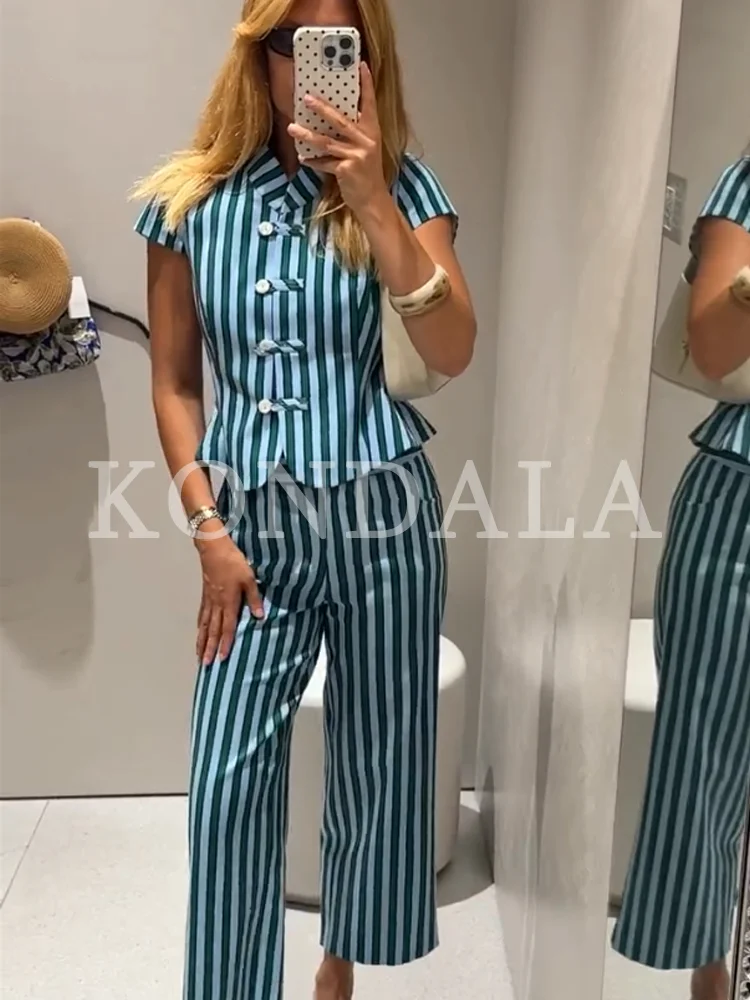 KONDALA Damen Schickes Gestreiftes Hosen-Set 2026 Sommer Trendiges High-Street-Urlaubsset Elegante Freizeit-Hemden mit Seilknöpfen, Lange Hosen – Detail 6